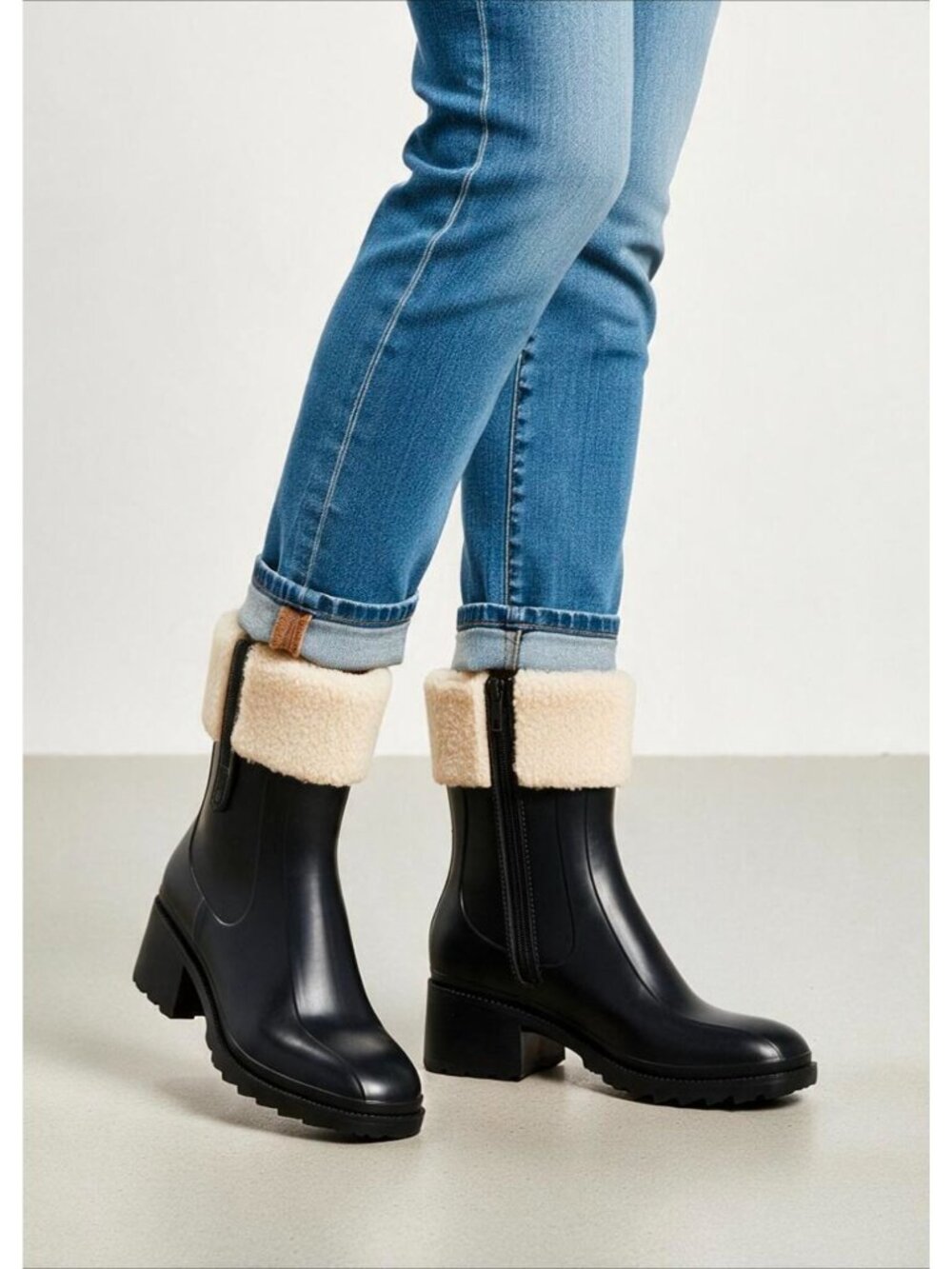 Black Faux Leather Ankle Boots With Shearling Trim & Side Zippers For Women